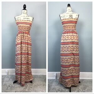 SANS Souci Smocked Strapless Aztec Tribal Print Maxi Dress Women's Size M Belted